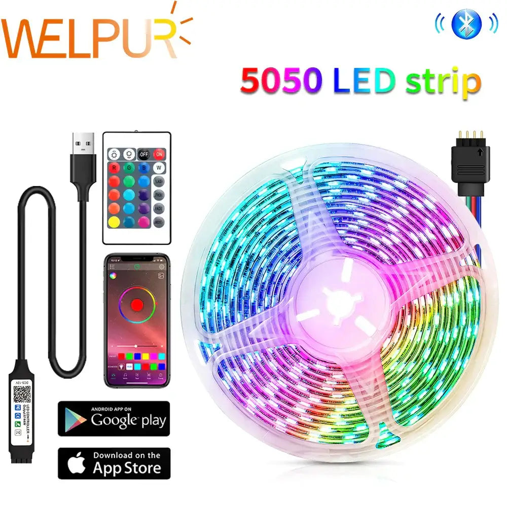 Welpur 5050 rgb bluetooth led strip lights with flexible adhesive usb app control in black and blue for bedroom use