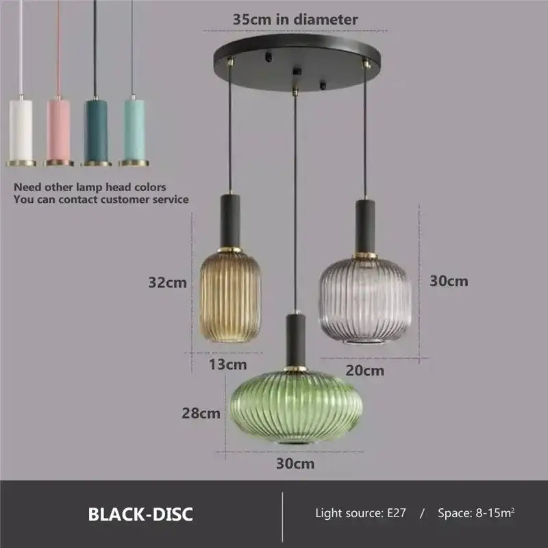 Set of three decorbites colorful glass pendant lights with ribbed amber, clear, and green shades for dining room