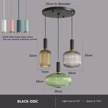 Set of three decorbites colorful glass pendant lights with ribbed gold, clear, and green shades for dining room lighting