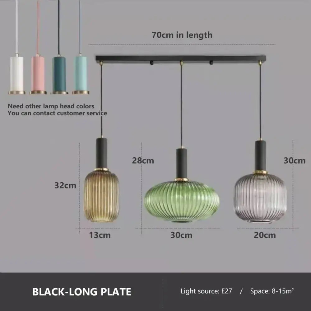 Set of three ribbed amber glass pendant lights in gold green and clear hues for dining room decorbites colorful glass