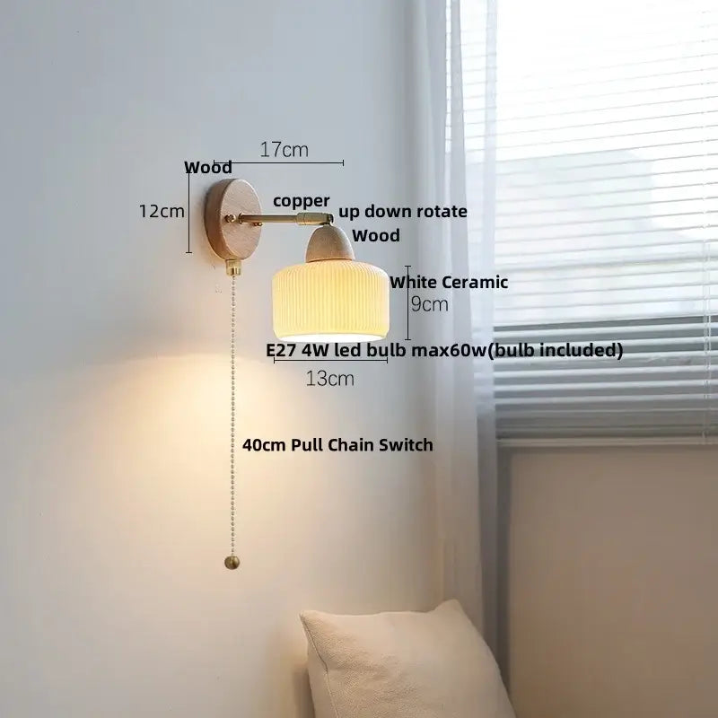Copper and wood wall sconce light with ribbed white ceramic lampshade for bedroom sconce light fixtures