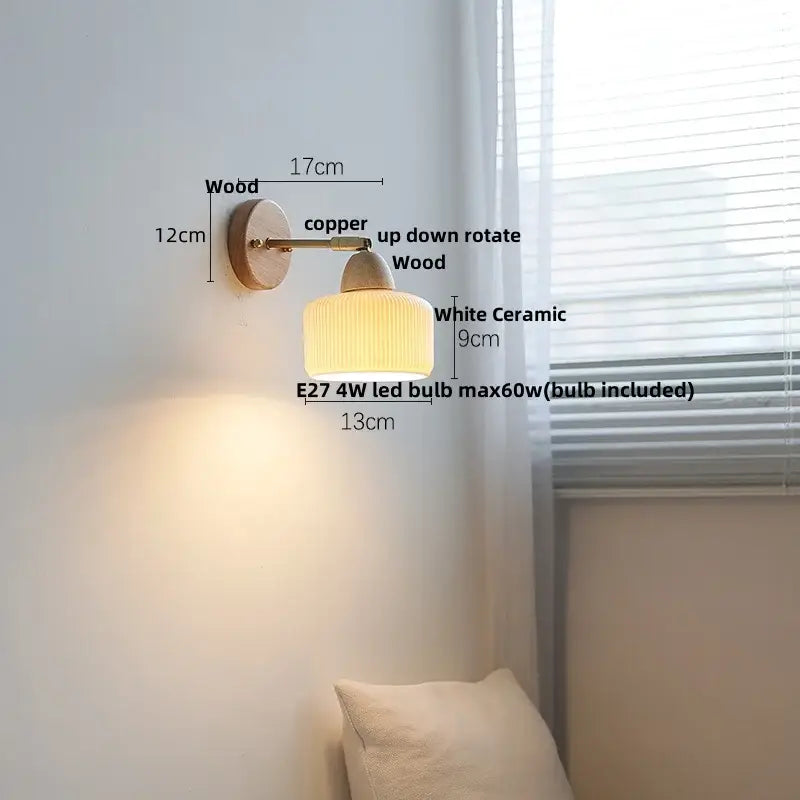 Warm-toned ribbed ceramic and wood wall sconce light with copper arm for bedroom wall sconce fixtures