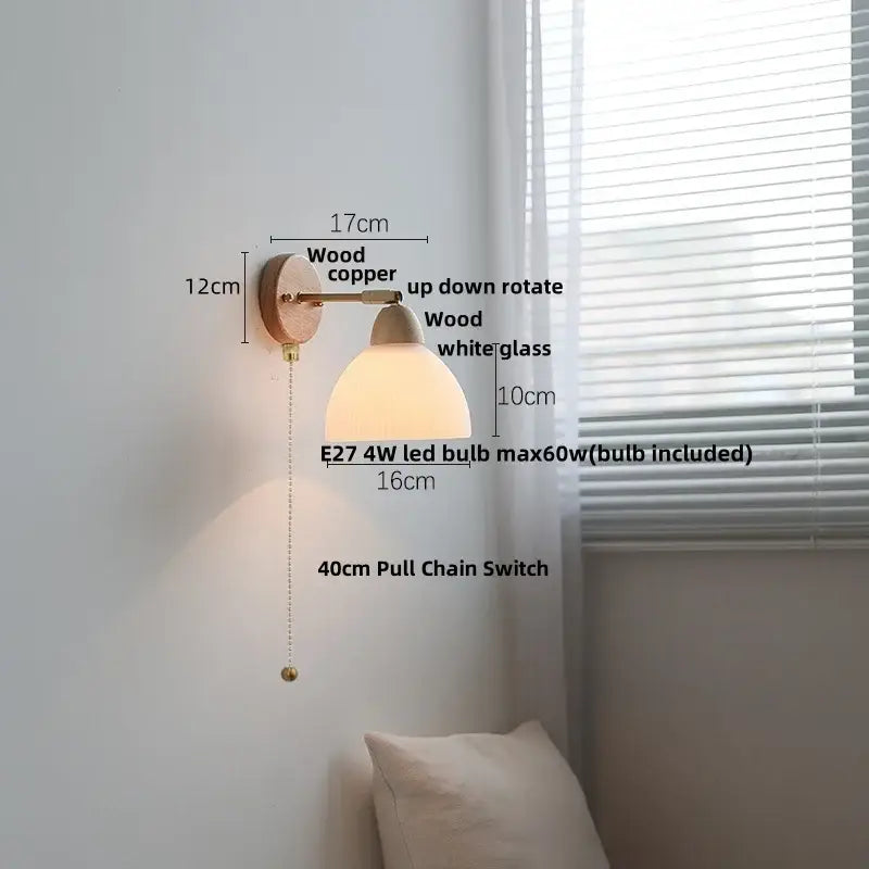 A warm-toned wall sconce light with ribbed ceramic shade, wooden copper-finished bracket, and 4w led bulb included