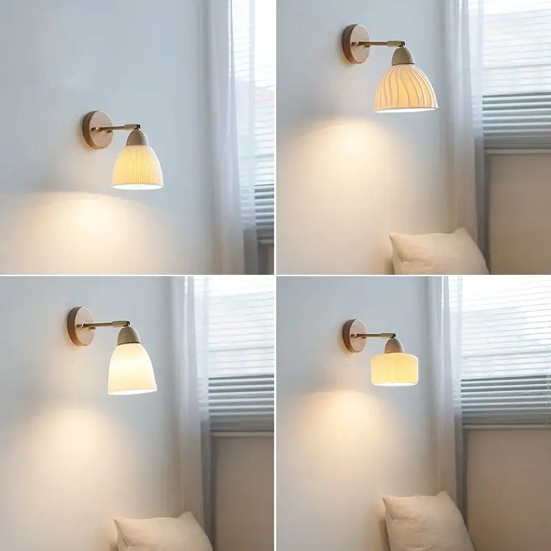 Warm-toned wall sconce light with wooden base brass arm and ribbed ceramic shade for bedroom wall sconce use