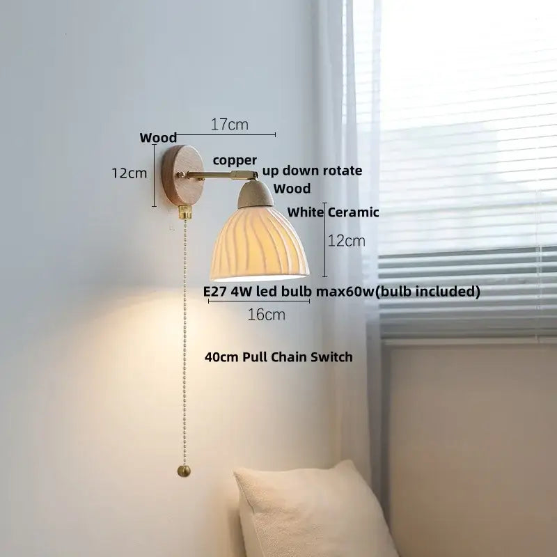White ribbed ceramic and wood wall sconce light with copper accents for bedroom sconce light fixtures