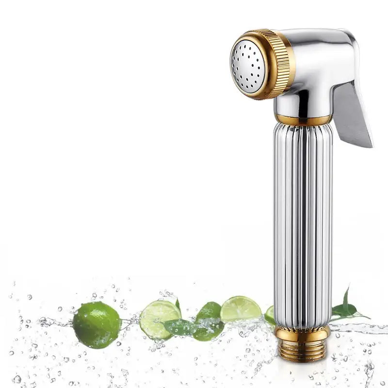 Stainless steel and brass chrome bidet faucet sprayer with ribbed handle and gold accents for bathroom use by decorbites brass chrome