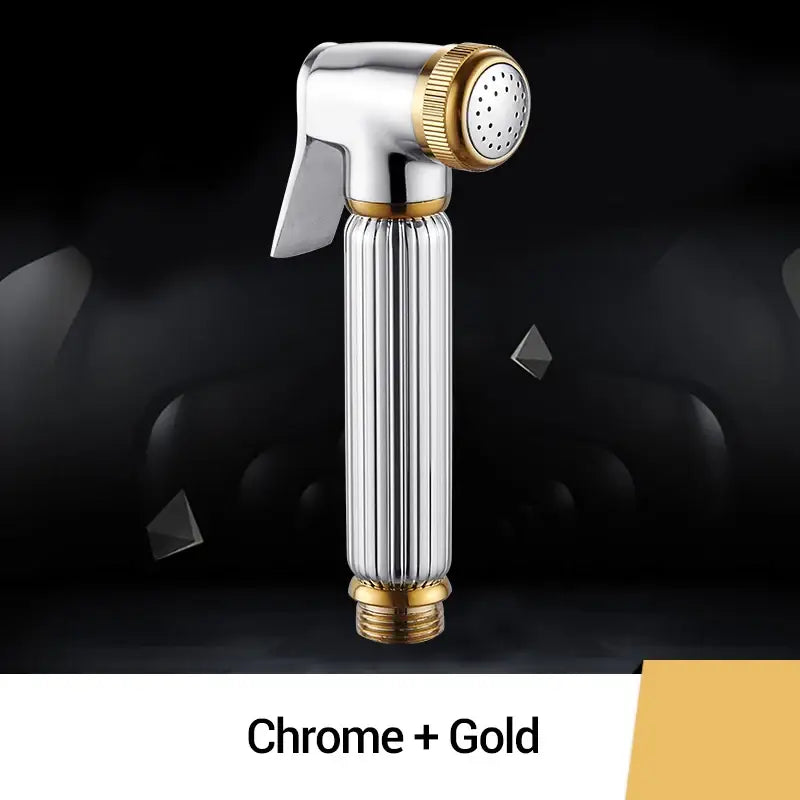 Ribbed chrome and gold brass chrome bidet faucet sprayer head with textured nozzle and decorative accents by decorbites brass chrome