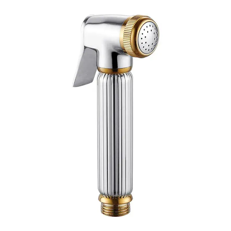 A sleek ribbed chrome and gold brass chrome bidet faucet sprayer head with polished chrome and gold accents