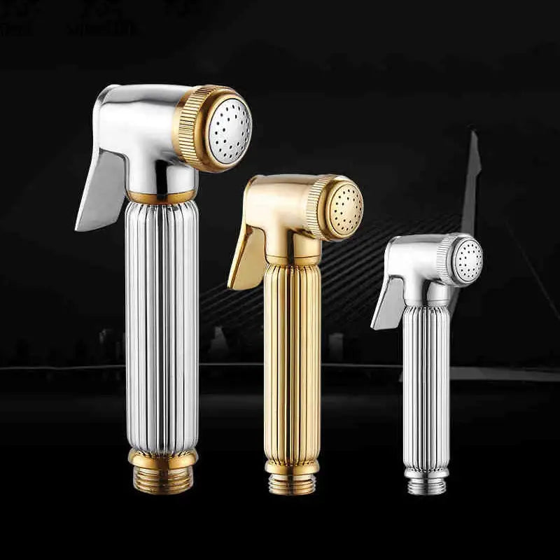 Three sleek ribbed brass chrome bidet faucet sprayers in polished chrome and gold finishes with matching nozzle caps
