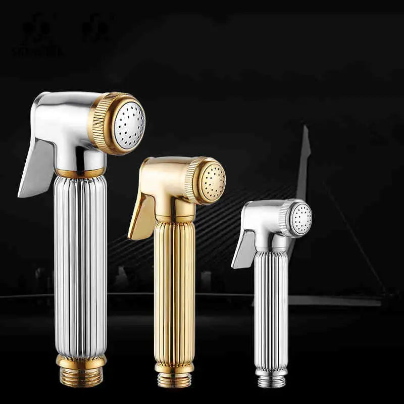 Three sleek ribbed brass chrome bidet faucet sprayers in polished gold and silver finishes for bathroom use
