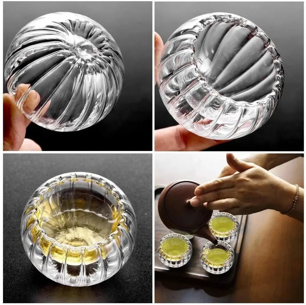 Clear glass double wall teacup set with ribbed spherical design and golden interior for elegant dining room glassware