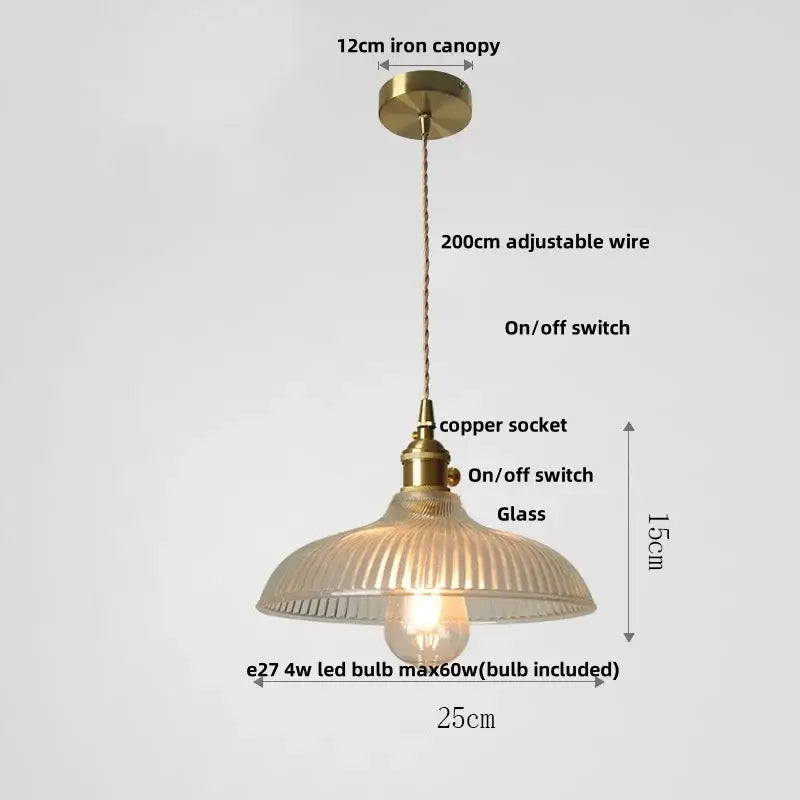 Antique brass-finished pendant light with ribbed clear glass led shade and adjustable copper wire suspension for dining room decorbites clear glass