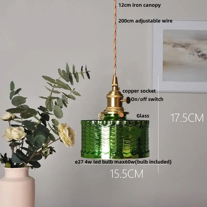 Green textured clear glass led pendant light with brass copper socket and switch for dining room decorbites clear glass