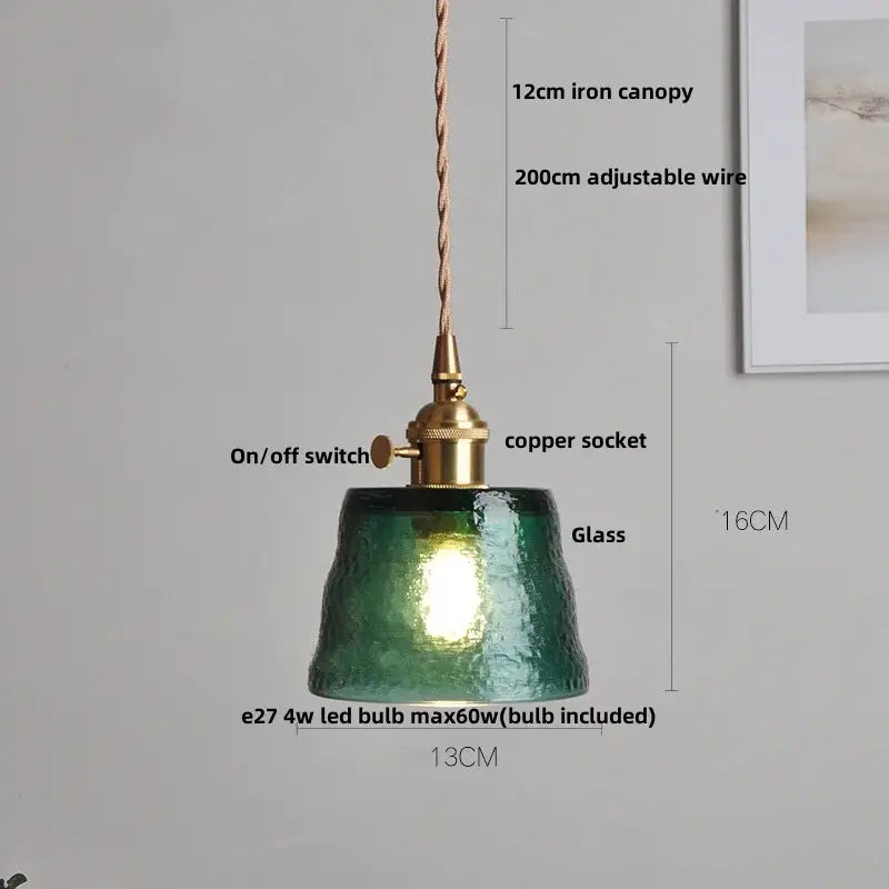 Textured green clear glass led pendant light with brass-finished copper socket and adjustable iron canopy for dining room decorbites clear glass