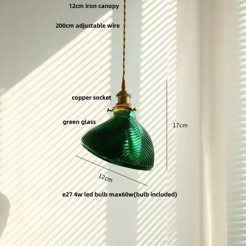 Vintage-style pendant light with textured green glass shade copper socket and iron canopy for dining room decorbites clear glass led