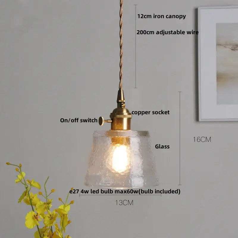 Vintage-style pendant light with ribbed clear glass led shade, brass copper socket, and adjustable twisted iron wire