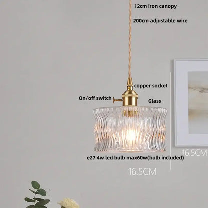 Ribbed clear glass led pendant light with wavy design brass copper socket and adjustable suspension for dining room decorbites clear glass