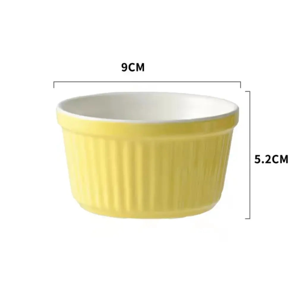Yellow ribbed ceramic baking bowl with vertical ridges white interior 9cm diameter 5.2cm tall in decorbites ceramic baking set