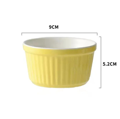 Yellow ribbed ceramic baking bowl with vertical ridges white interior 9cm diameter 5.2cm tall in decorbites ceramic baking set