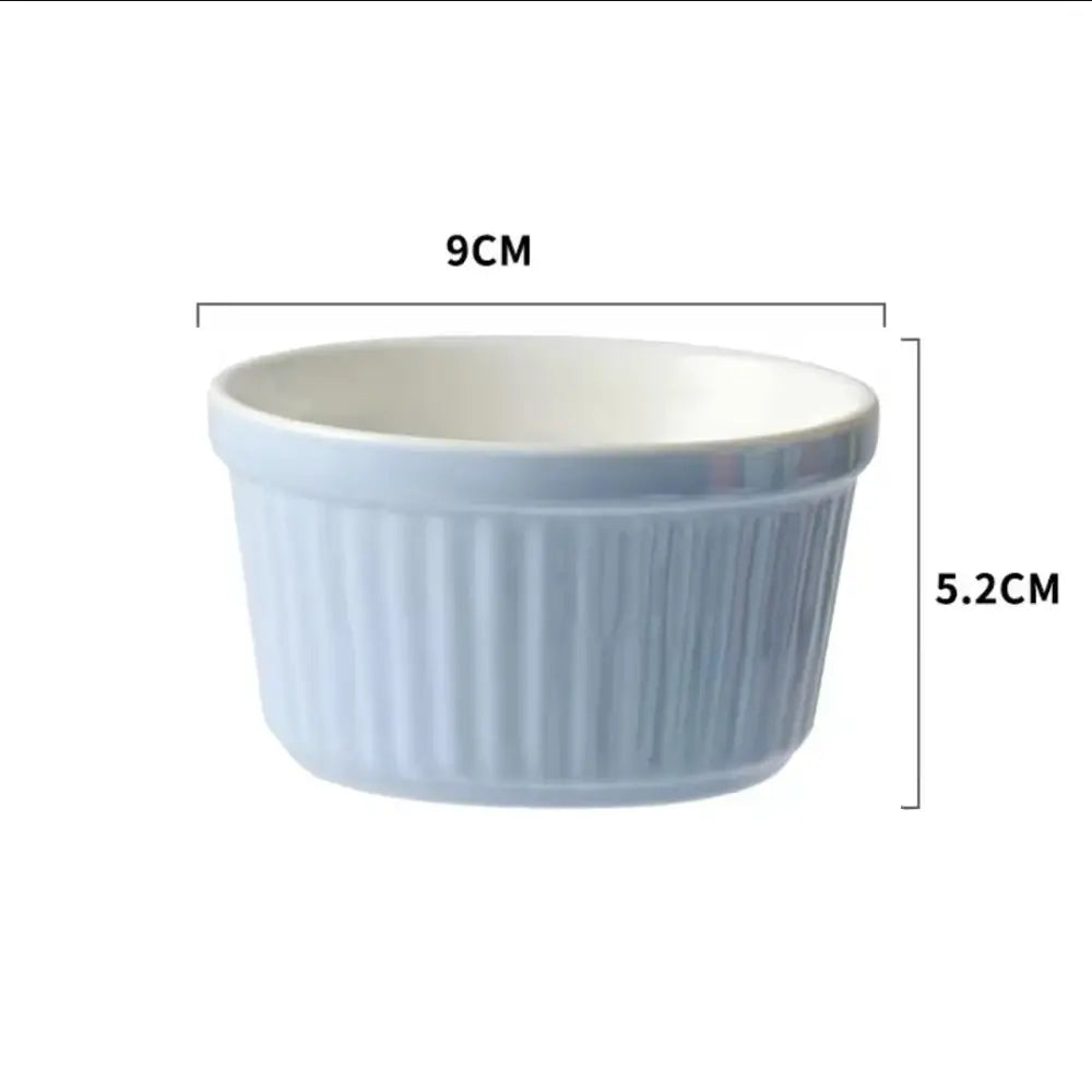 Light blue ribbed ceramic baking bowl with white interior from decorbites ceramic baking ramekin set