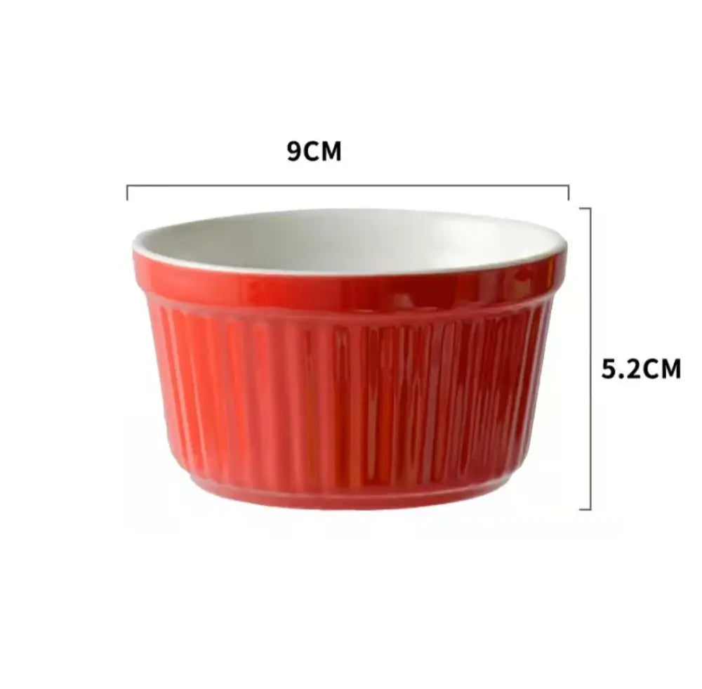 Red ribbed decorbites ceramic baking bowl with white interior 9cm diameter 5.2cm tall dessert ramekin