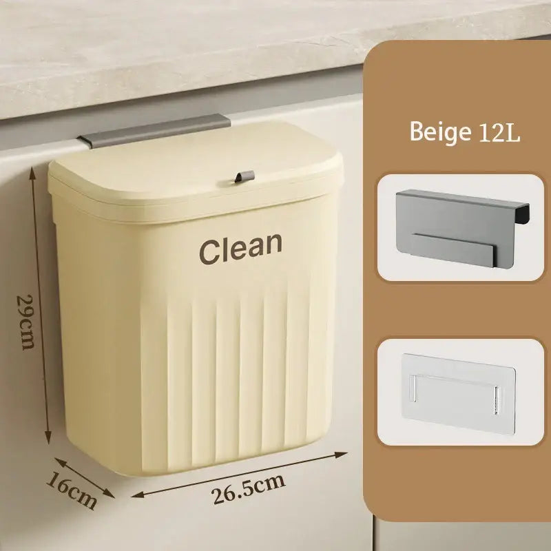 Beige 12l wall-mounted ribbed trash bin with silver handle for kitchen cabinet hanging by decorbites kitchen