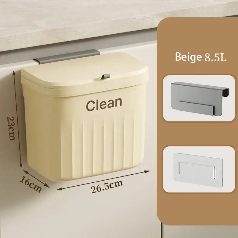 Beige 8.5l ribbed kitchen cabinet hanging trash bin with silver handle for compact decorbites kitchen use