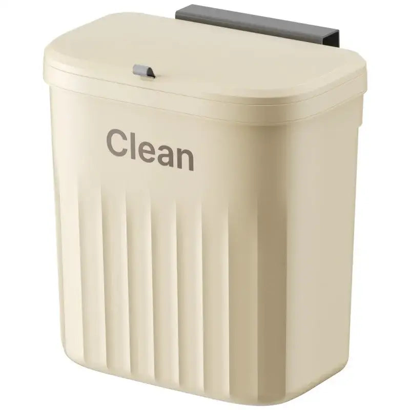 Cream-colored ribbed kitchen cabinet hanging trash bin with black magnetic lid for decorbites kitchen cabinets