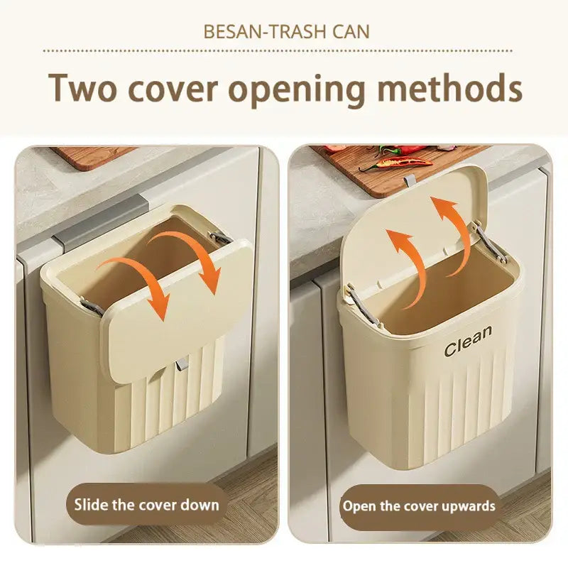 Cream-colored plastic kitchen cabinet hanging trash can with two cover-opening methods by decorbites kitchen cabinet