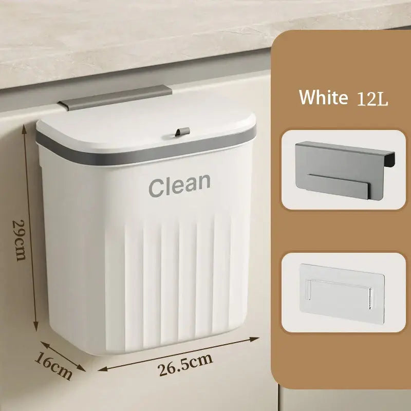 White 12l ribbed cream and gray kitchen cabinet hanging trash bin with clean logo for decorbites kitchen cabinet use
