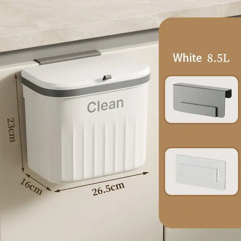 White ribbed kitchen cabinet hanging trash bin with gray trim labeled clean for decorbites kitchen cabinets
