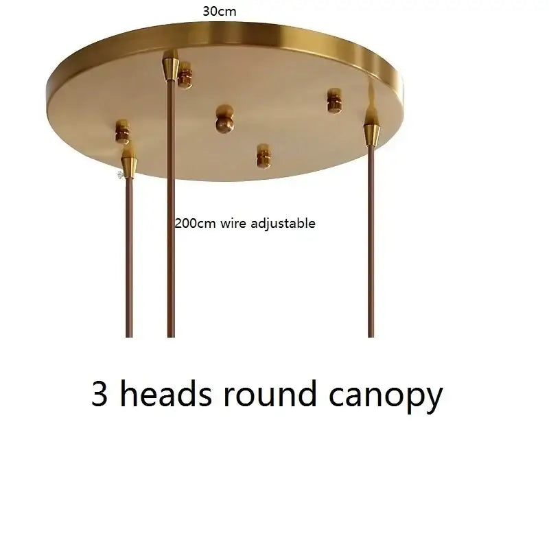 Gold-toned round canopy pendant light with three adjustable heads and 200cm wire for decorbites ceramic led pendant