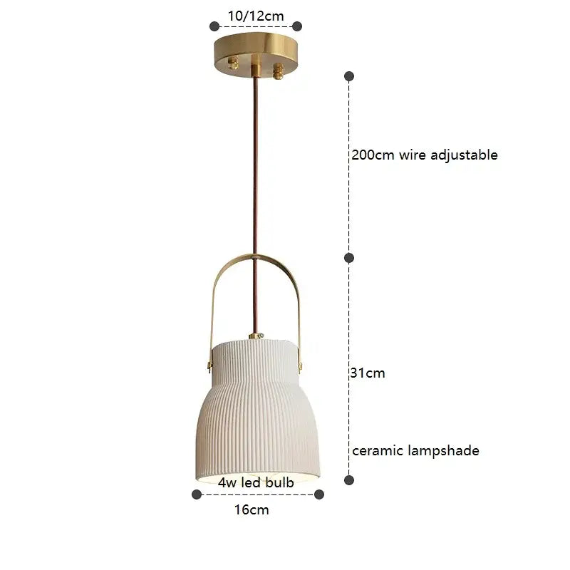 Ribbed cream ceramic led pendant light with vertical ridges and adjustable brass wire for kitchen decorbites ceramic led decor