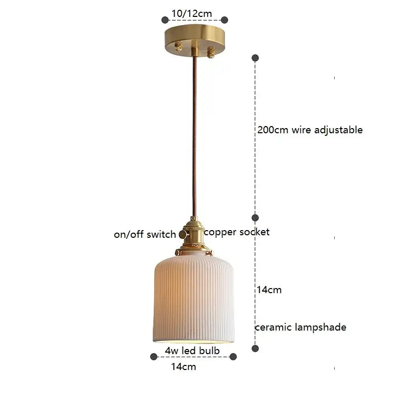 Vintage-style ribbed cream ceramic led pendant light with brass finish metal components for kitchen decorbites ceramic led