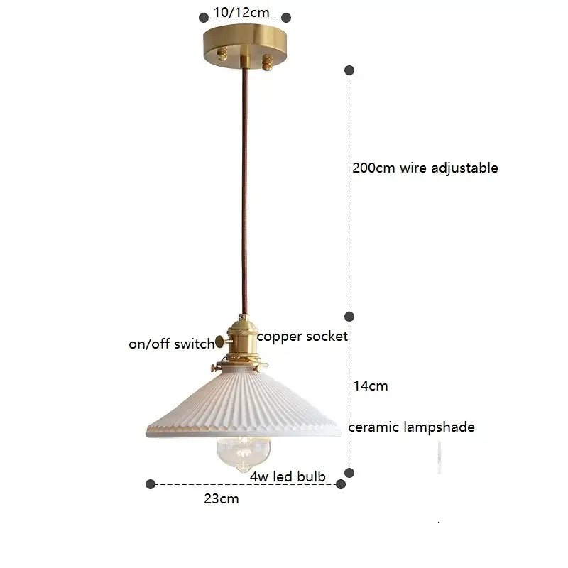 Cream white ceramic led pendant light with ribbed design hanging from brass mount by copper wire decorbites ceramic led