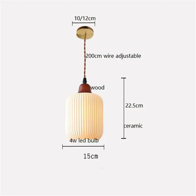 Cream-colored ribbed ceramic led pendant light with wood top and brass ceiling mount for dining room decorbites ceramic led