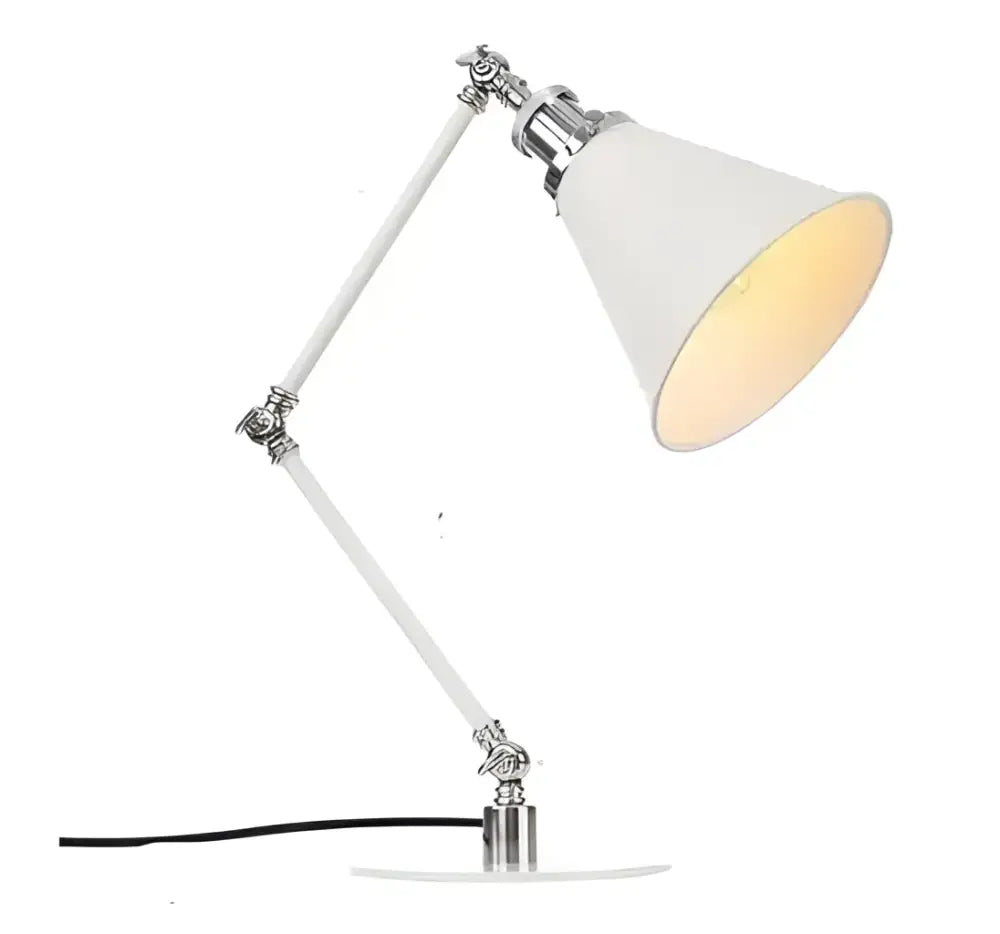 A sleek white adjustable desk lamp with chrome metal base and conical shade beside a ribbed cream glass ceramic led pendant light with wood top