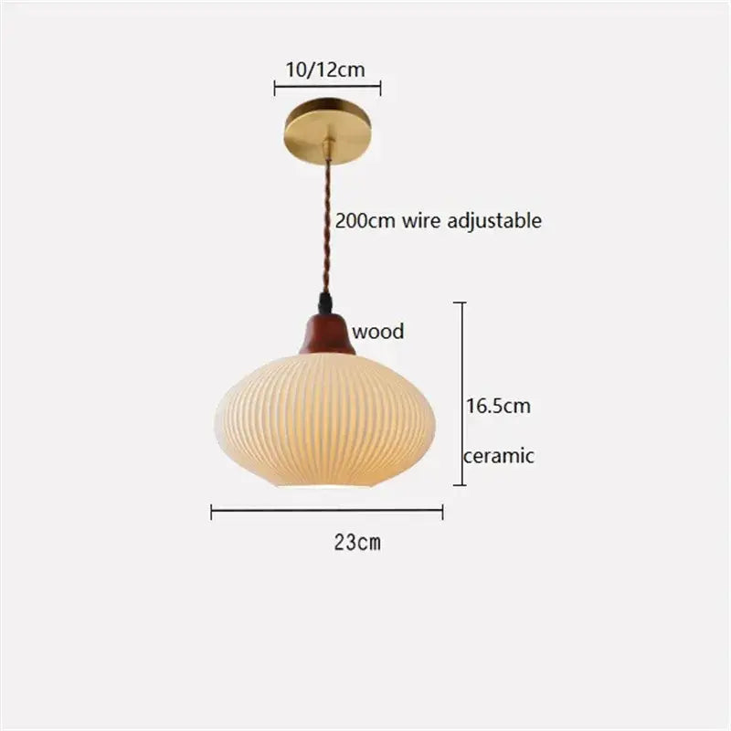 Ribbed cream ceramic led pendant light with wood top and brass mount for dining room decorbites ceramic led pendant