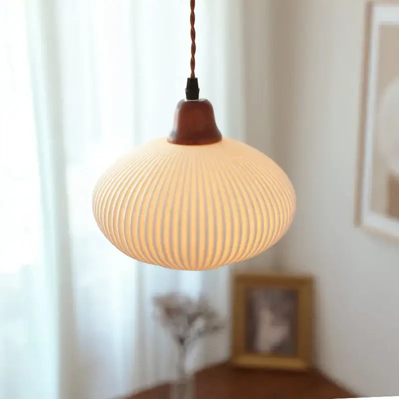 Ribbed cream glass pendant light with wood top and twisted cord for dining room decorbites ceramic led pendant