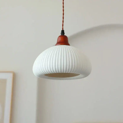 White ribbed ceramic led pendant light with wood top and twisted copper cord for dining room decorbites ceramic led