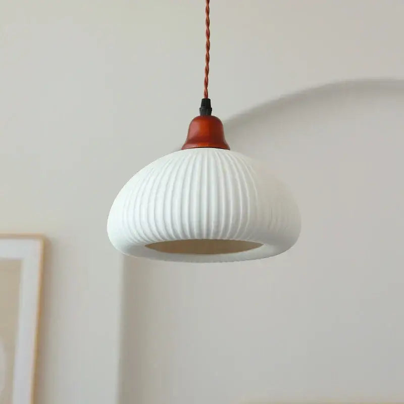 White ribbed ceramic led pendant light with wood top and twisted copper cord for dining room decorbites ceramic led
