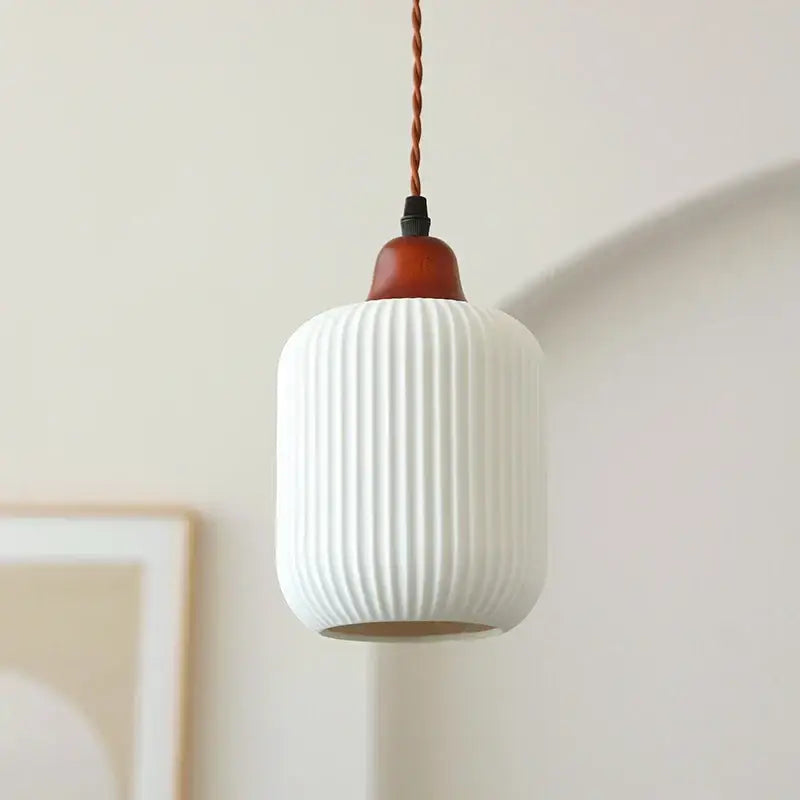 White ribbed ceramic led pendant light with wood top and twisted copper cord for dining room decorbites ceramic led