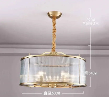 Gold-toned decorbites glass chandelier with ribbed cylindrical glass shade and adjustable twisted chain for living room pendant light
