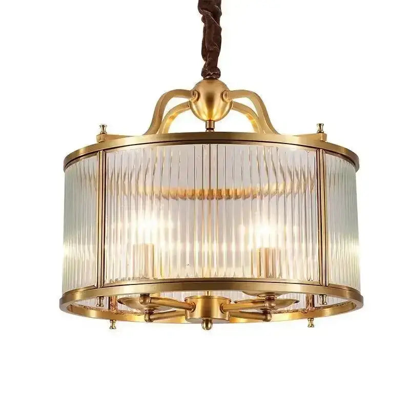 Brass-framed decorbites glass chandelier with vertical ribbed glass panels and twisted brown cord suspension for living room