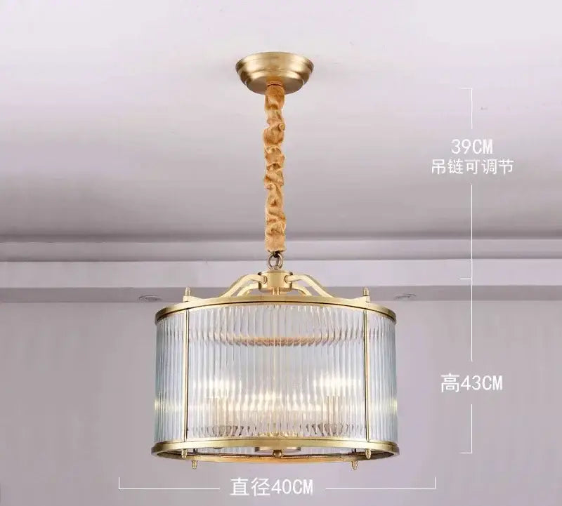 Gold-toned decorbites glass chandelier with cylindrical vertical glass rods and twisted rope pendant for living room lighting