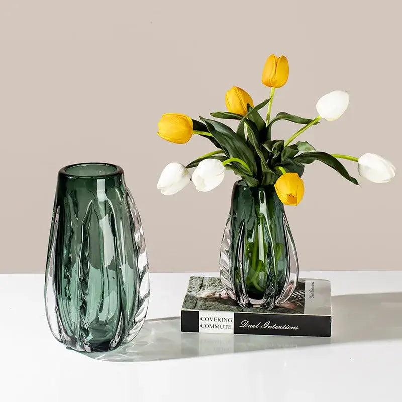 Ribbed emerald green decorbites crystal vase with faceted textured design for elegant living room decor