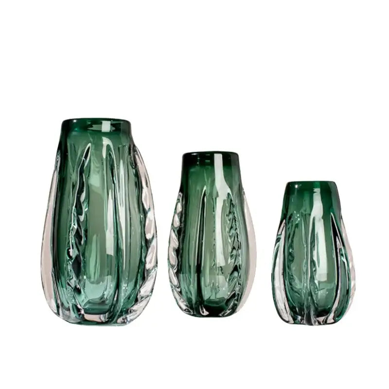 Set of three emerald green ribbed glass decorbites crystal vases with clear accent panels for living room decor