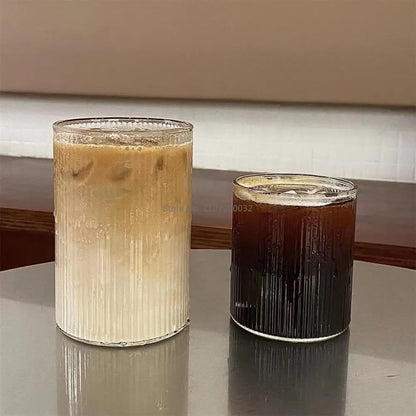 Two ribbed frosted and clear glass cups from decorbites clear glass coffee set with creamy iced coffee and dark espresso