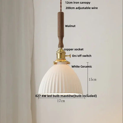 White ceramic led pendant lamp with ribbed design walnut iron canopy and copper socket for dining room decorbites ceramic led