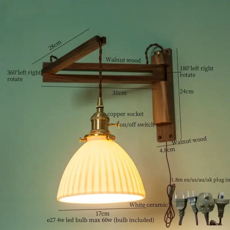 A warm cream ribbed ceramic led wall sconce with brass copper socket and walnut wood arm for bedroom decorbites ceramic led